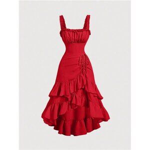 NEW - Red Vintage Ruffle Hem Women Dress